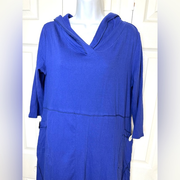 New SOFT SURROUNDINGS Lagunitas Hooded Midi Dress Blue Crinkle Pocket Asymmetric - Picture 5 of 13